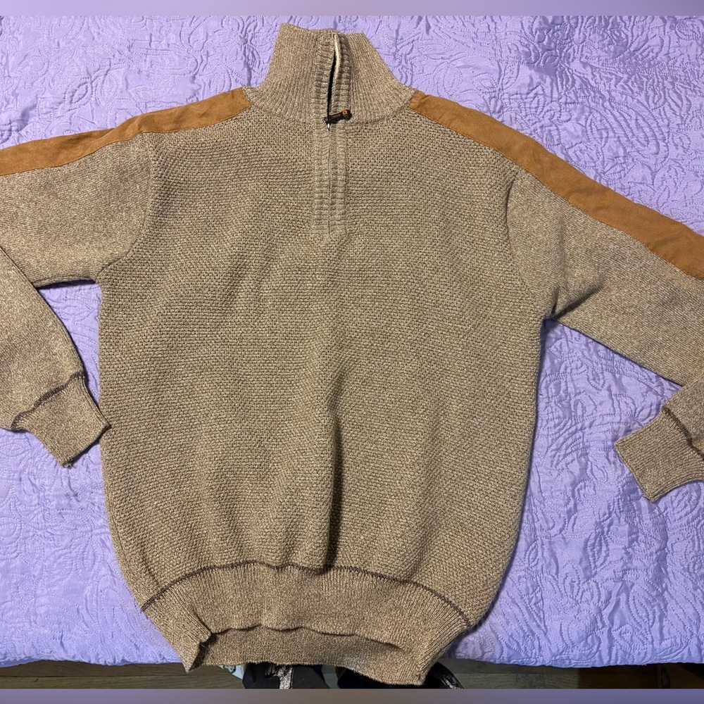 Men's Tan Zip-Up Sweater with Brown Accents